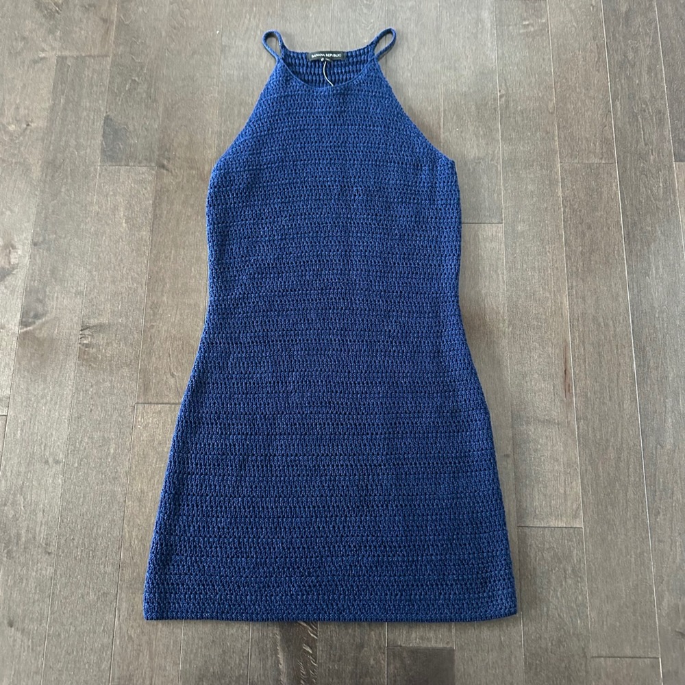 NWT Banana Republic Womens Open Knit Dress Coastal Nautical Beachy Vaca Navy XSP